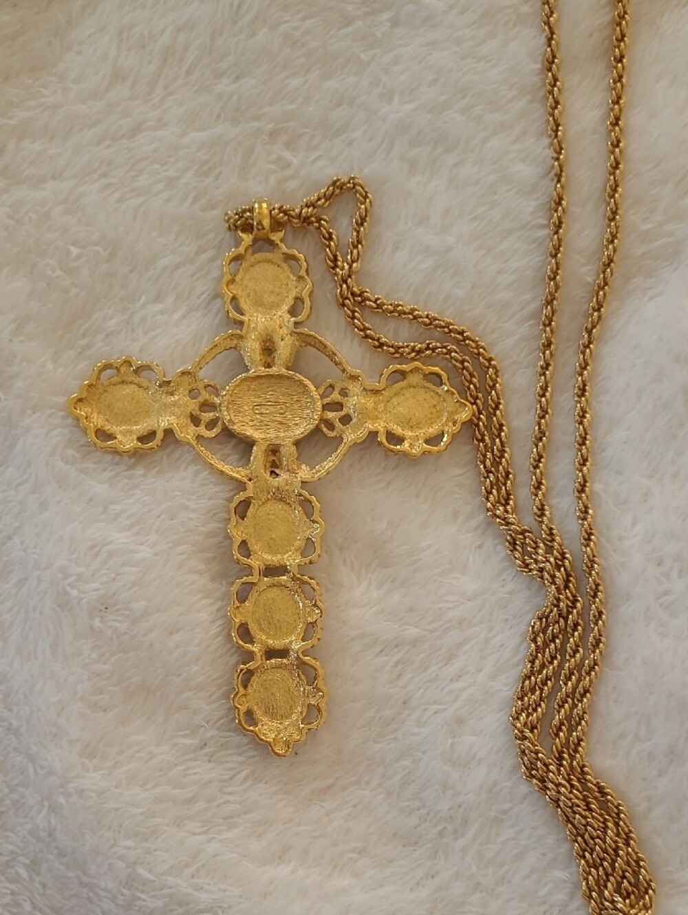 Dior Gold-Tone Cross Necklace with Green and Red Cabochons - Picture 4 of 5